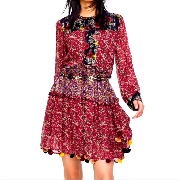 Zara Dresses & Skirts - Zara Long Multi-Pattern Silky Pom-Pom Dress Size Medium